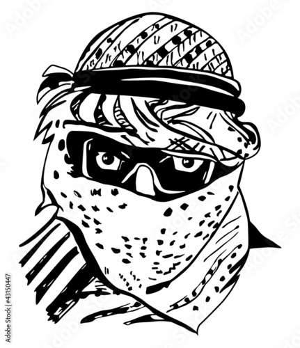 Person in keffiyeh isolated against white background