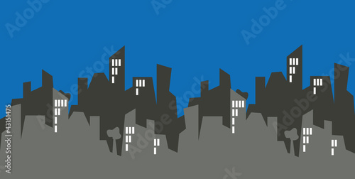 Silhouette of a city skyline, buildings with windows