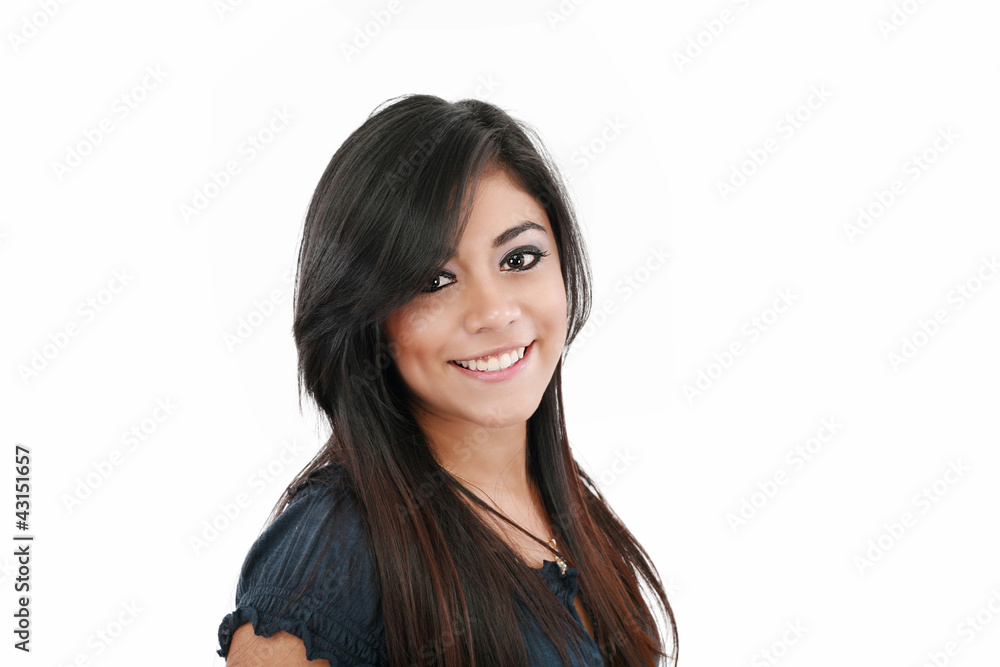 Portrait of a happy woman smiling against white background Portrait of a happy woman smiling against white background