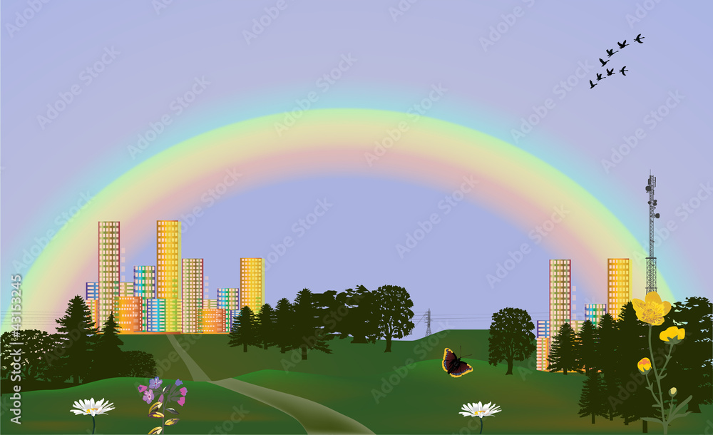 Fototapeta premium brigh city and rainbow illustration