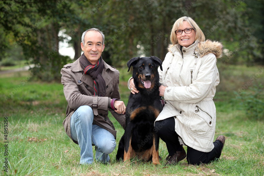 senior couple posing with their dog in a park senior couple posing with their dog in a park