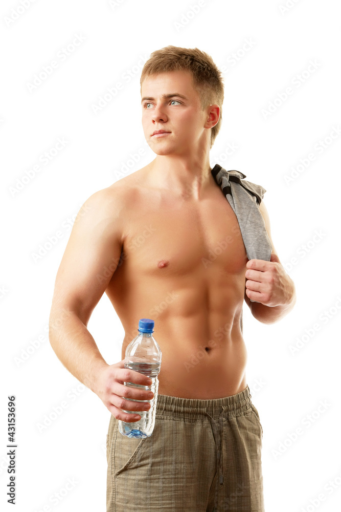 Healthy young man with water bottle isolated on white background Healthy young man with water bottle isolated on white background