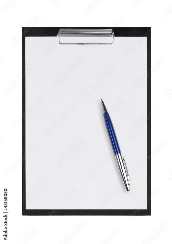 Clipboard with blank paper and pen on a white background Clipboard with blank paper and pen on a white background