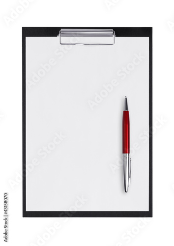 Clipboard with blank paper and pen on a white background