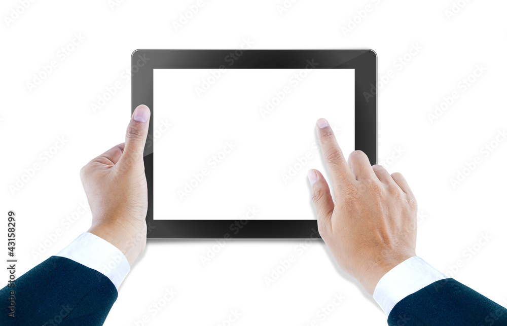 tablet computer Isolated on white background and hand