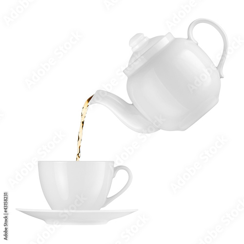 Teapot pouring tea into a cup on a white background
