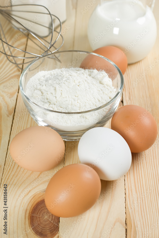 Basic ingredients for dough. Milk, eggs and flour. Basic ingredients for dough. Milk, eggs and flour.