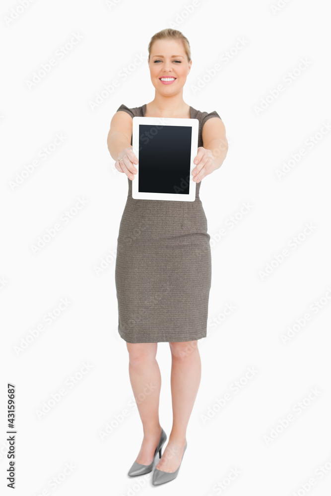 Woman standing showing an ebook screen Woman standing showing an ebook screen