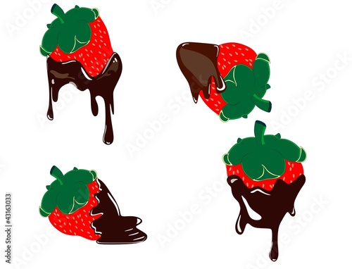 Four strawberries dripping with dark fondue chocolate.
