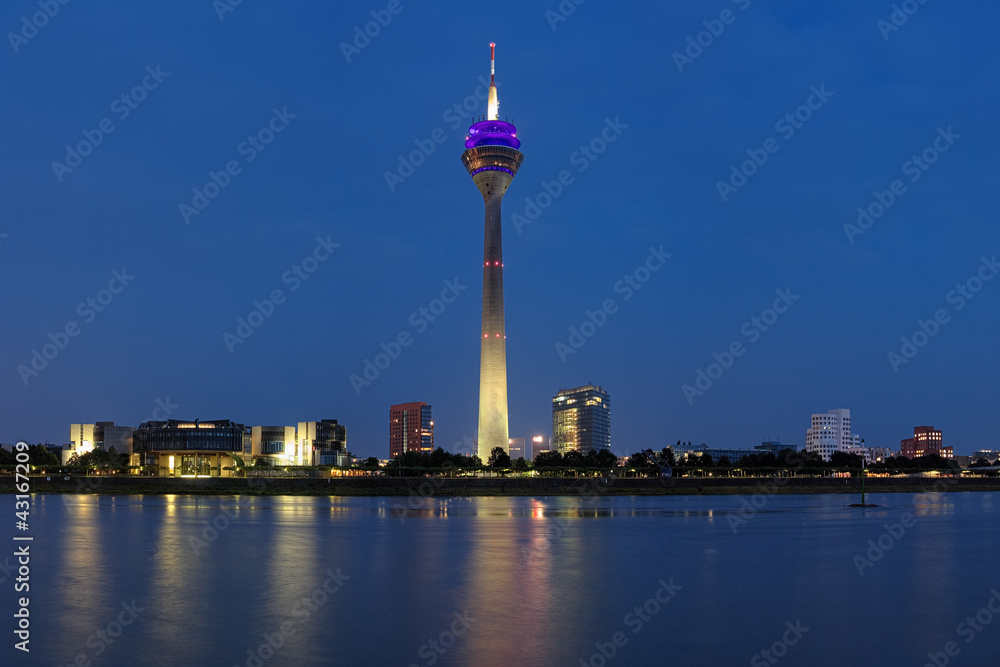 Evening view on the Rheinturm TV tower in Dusseldorf, Germany
