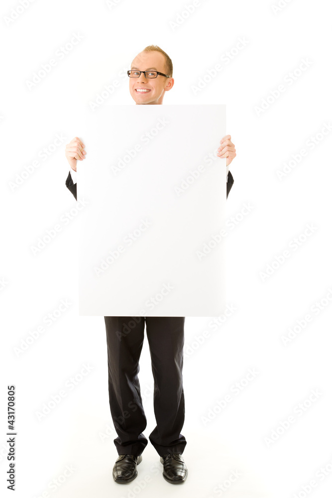 businessman holding a white billboard businessman holding a white billboard