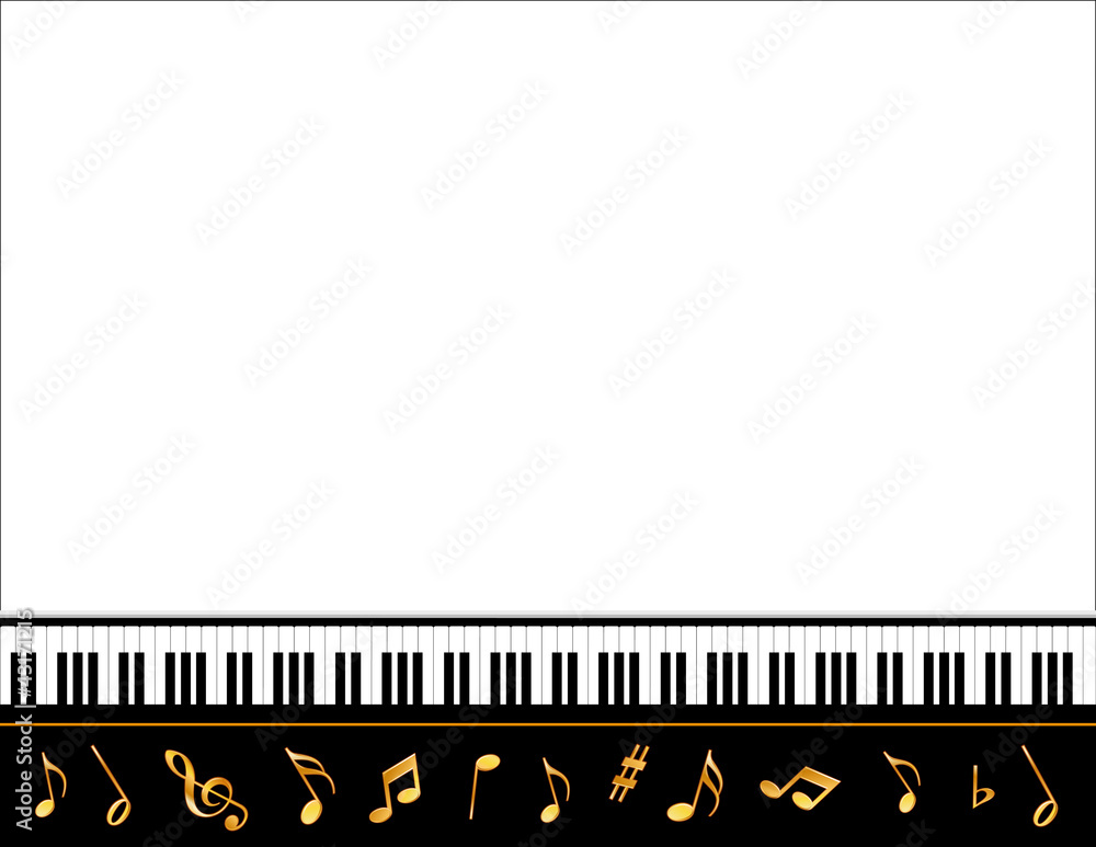 Fototapeta premium Music Poster, piano keyboard, gold notes, copy space, concerts