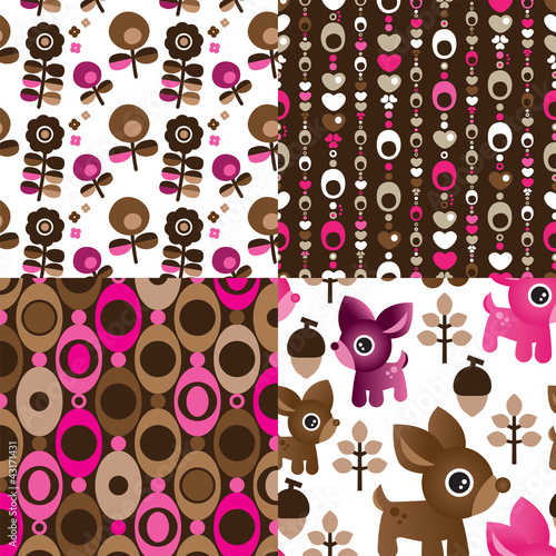 Seamless retro reindeer flower pattern background in vector