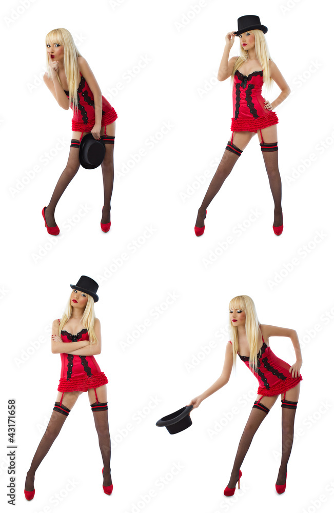 A collage of images with blonde model in sexy red lingerie A collage of images with blonde model in sexy red lingerie