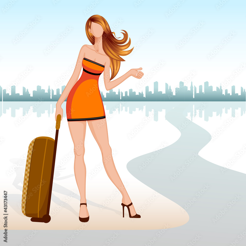 vector illustration of lady with travel bag seeking lift vector illustration of lady with travel bag seeking lift