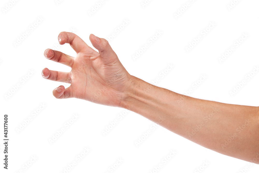 Male hand reaching for something on white