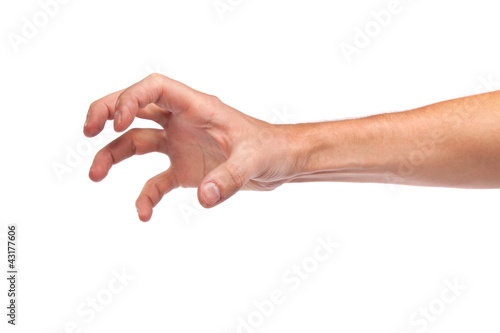 Male hand reaching for something on white photo