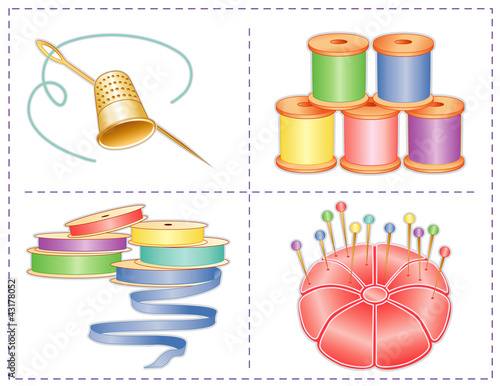 Pastel threads, ribbons, pins, cushion, gold needle, thimble