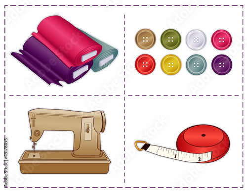 Sewing machine, tape measure, cloth, buttons, sew, tailor, diy