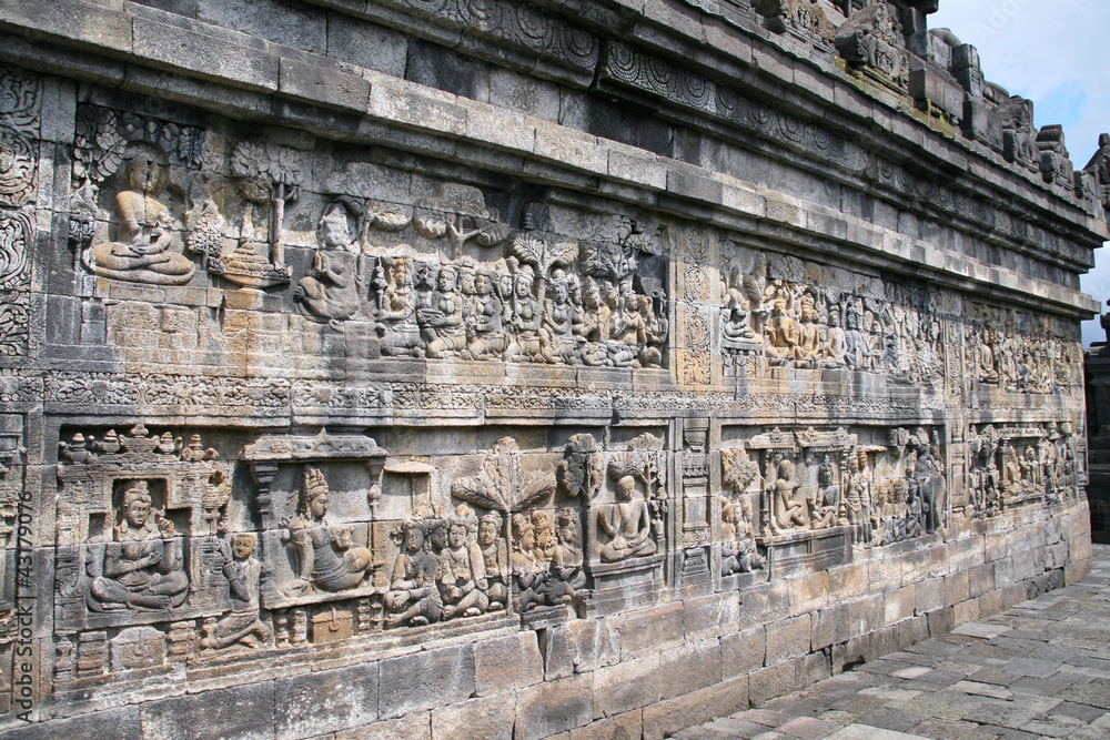 Reliefs of Borobudur temple in Java Indonesia