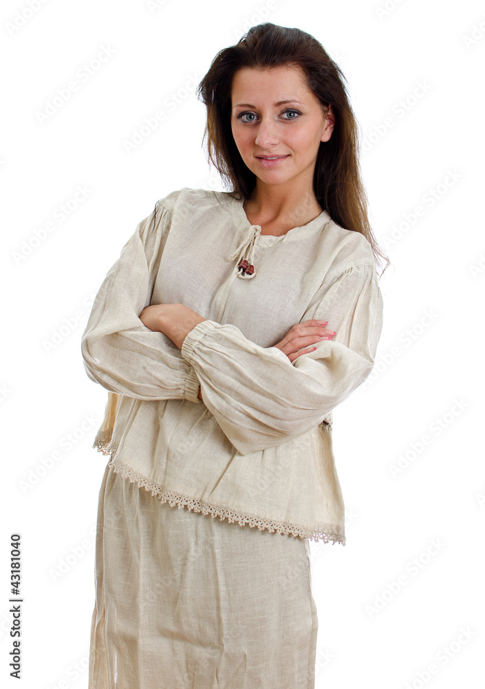 Female in national traditional costume with arms folded. Female in national traditional costume with arms folded.