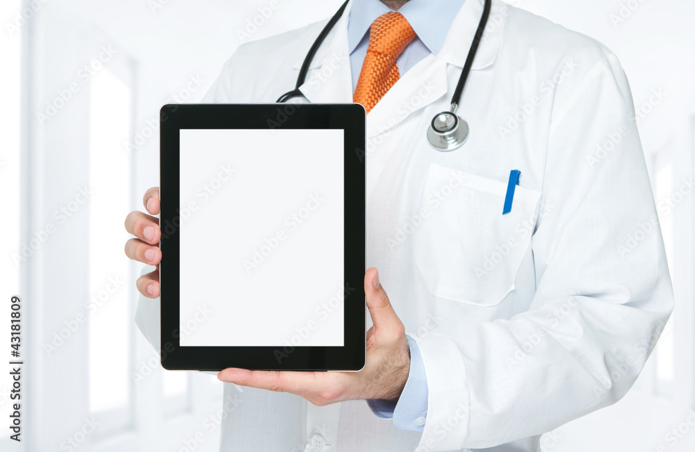 Doctor holding blank digital tablet with clipping path Doctor holding blank digital tablet with clipping path