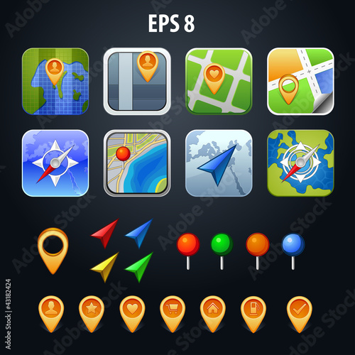 set of GPS vector icons with colorful pin