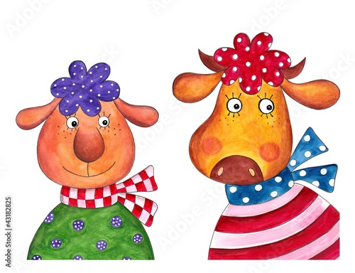 Sheep and cow. Cartoon characters