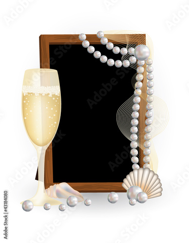 Photo frame with champagne and pearls, vector illustration