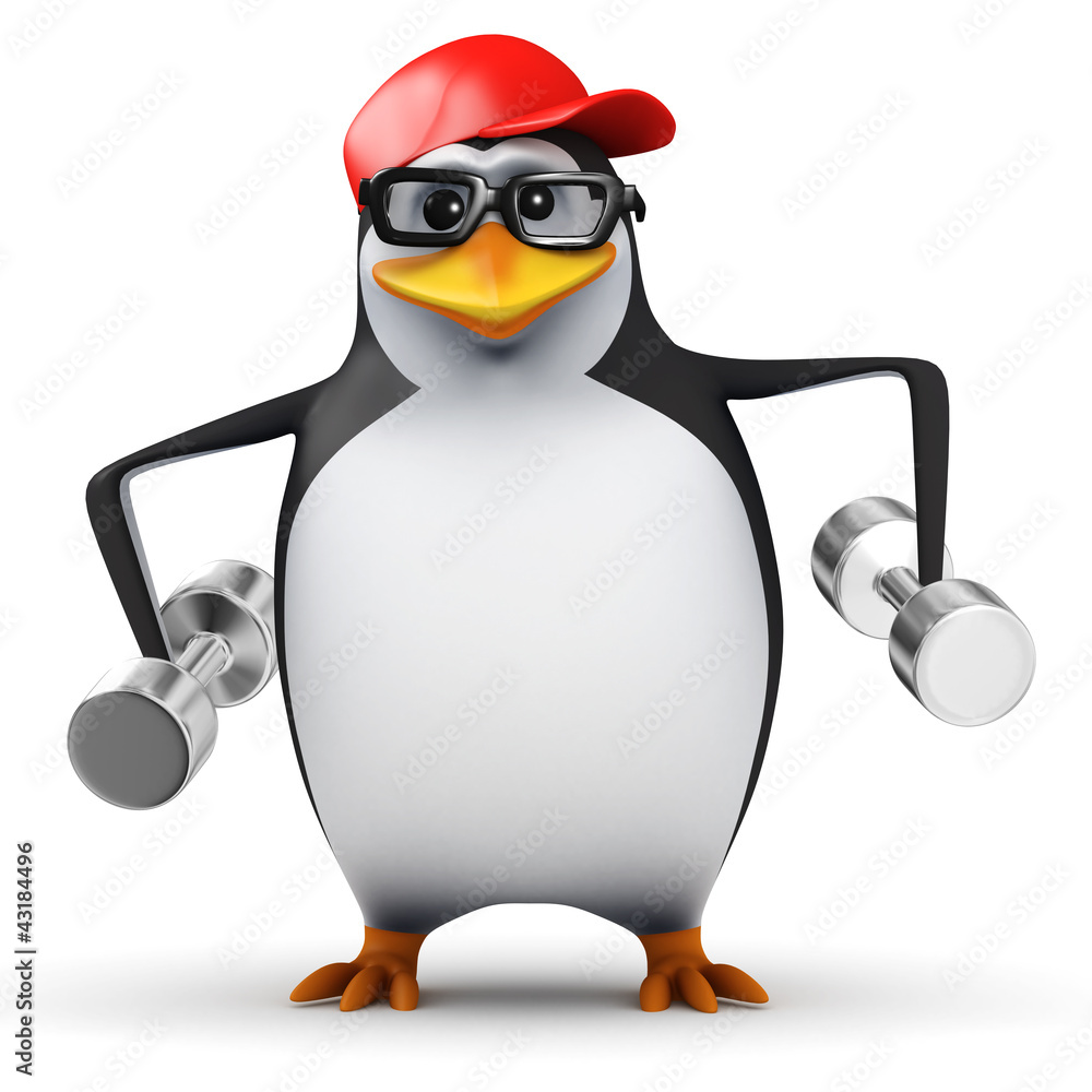 Obraz premium 3d Penguin in baseball cap with weights