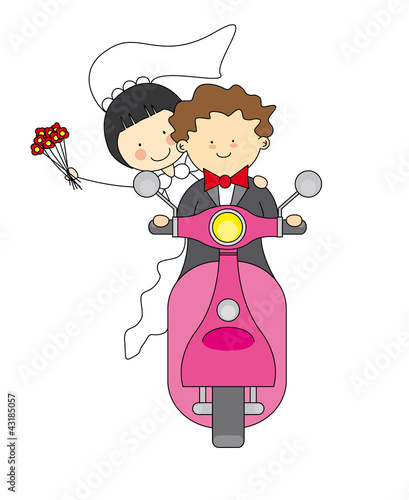 Invitación boda. Novios en moto