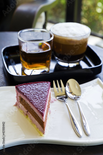 Fototapeta Naklejka Na Ścianę i Meble -  Mixed berry cheese cake with coffee