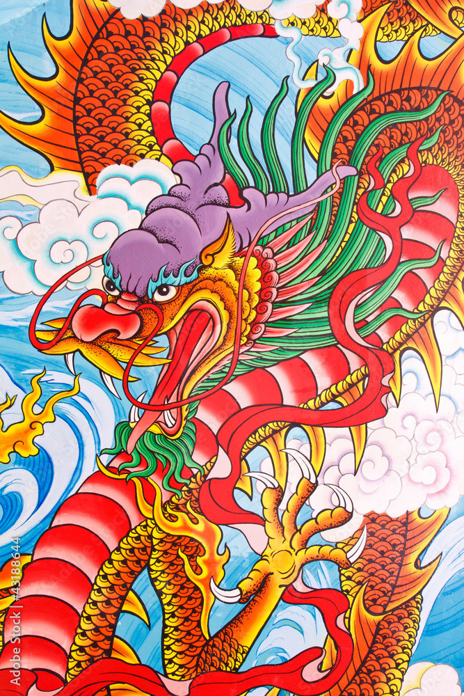 Chinese style dragon wall in chinese temple, Thailand