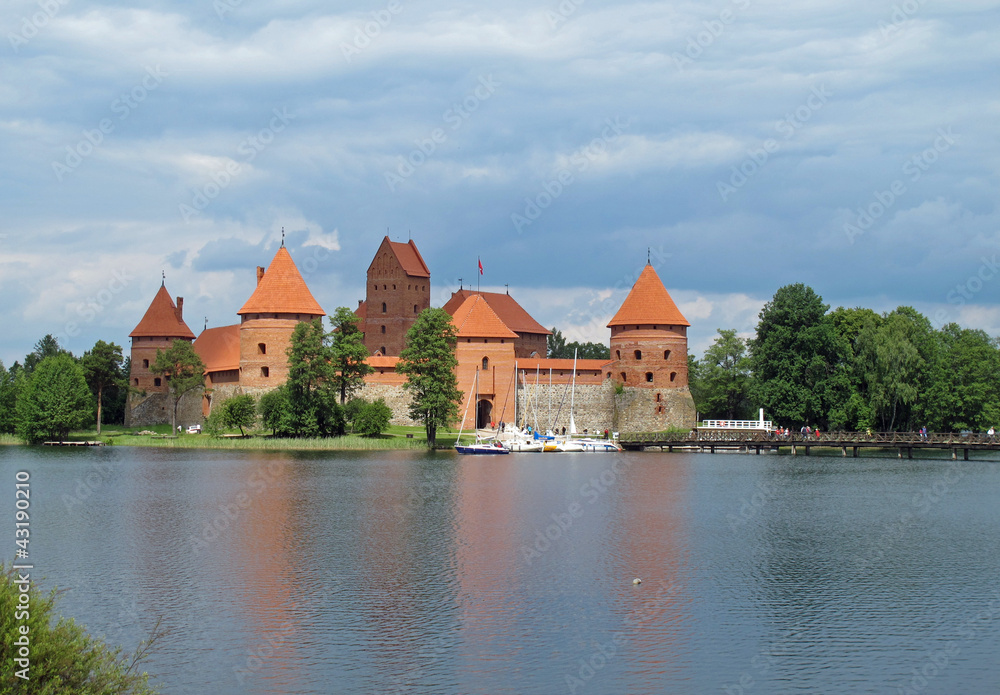 ancient castle which is reflected on the Lake in Lithuania