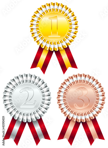 1-Gold/2-Silver/3-Bronze Award Badges Red Ribbon Striped