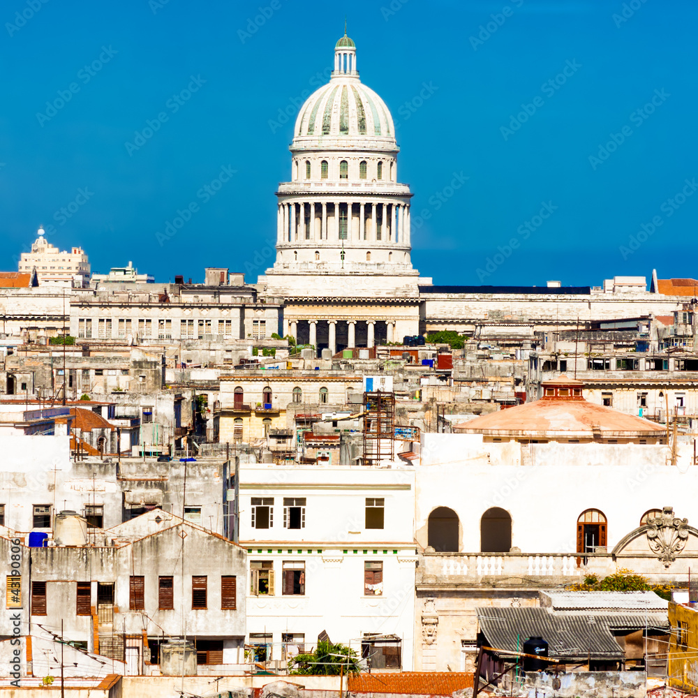 Iconic  view of Old Havana against a clear blue sky