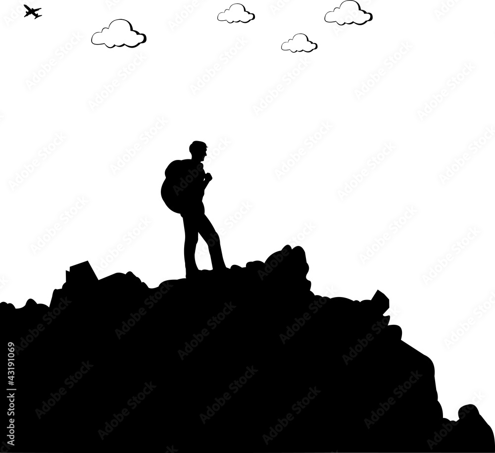 Mountain climbing, hiking man with rucksacks silhouette