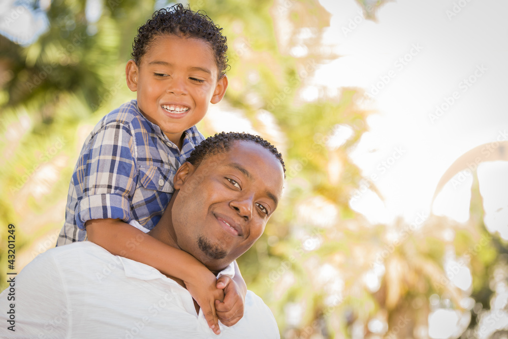 Mixed Race Father and Son Playing Piggyback in Park Mixed Race Father and Son Playing Piggyback in Park