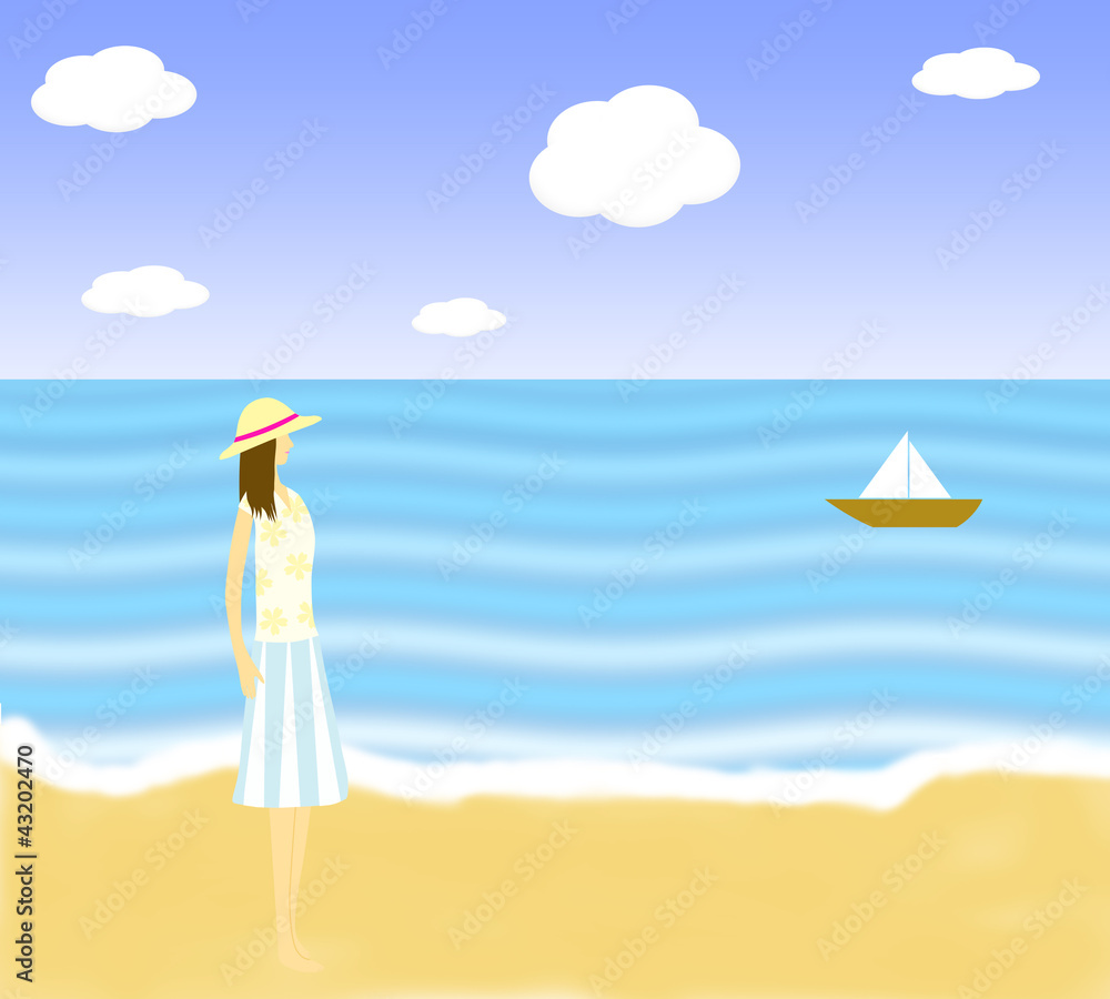 海を見る女性のイラスト