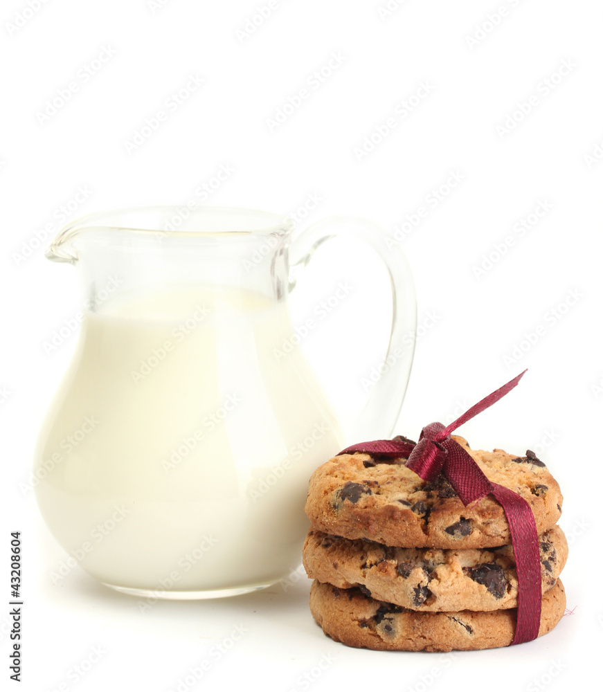 jar of milk and chocolate chips cookies with red ribbon jar of milk and chocolate chips cookies with red ribbon