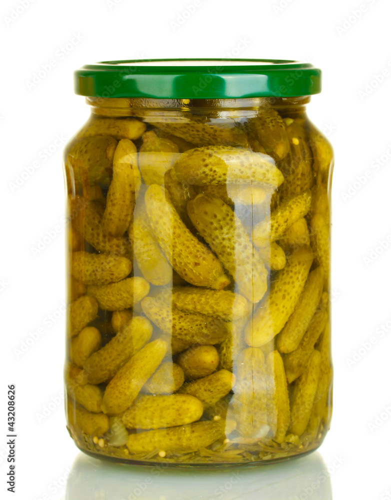 Jar of canned cucumbers isolated on white Jar of canned cucumbers isolated on white