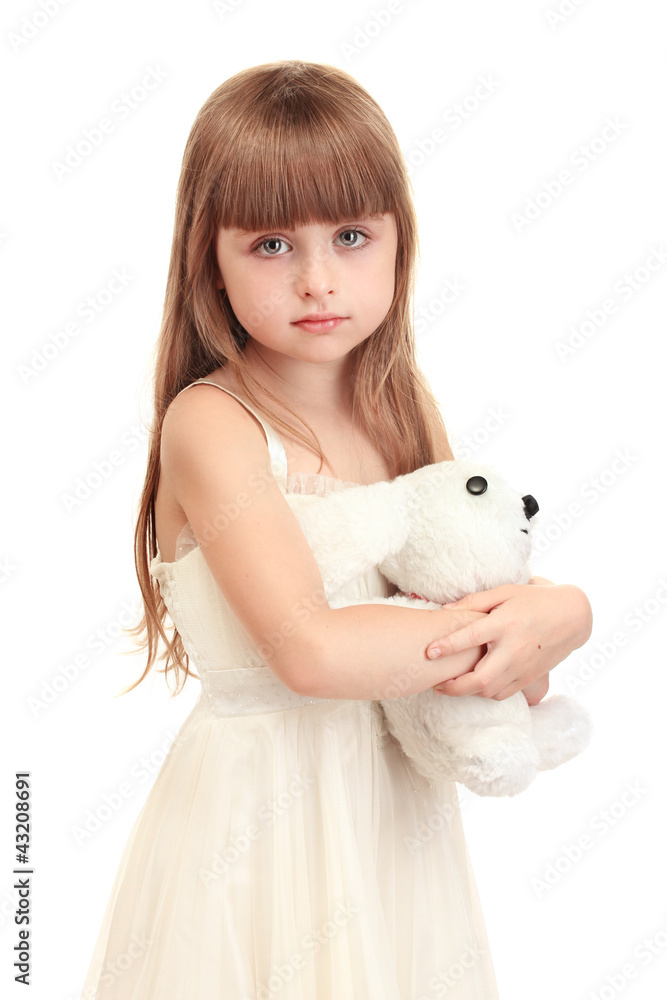 Portrait of beautiful cute girl with toy rabbit isolated Portrait of beautiful cute girl with toy rabbit isolated