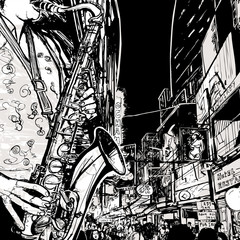 Wandcirkels Muziekband Saxofonist op straathoek  © Isaxar