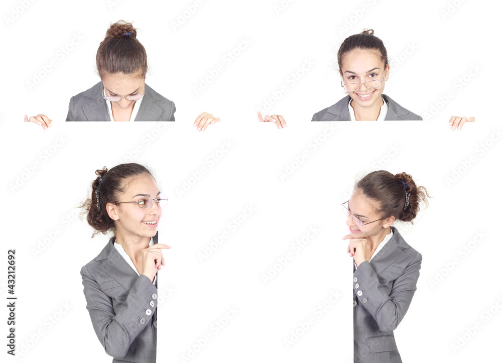 Businesswoman looking out from blank paper Businesswoman looking out from blank paper