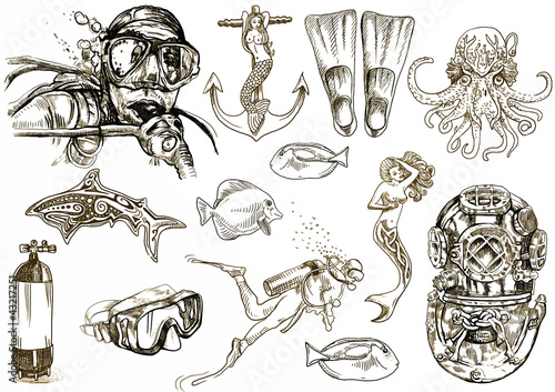 Photographie diving - the life of aquatic (hand drawing collection)