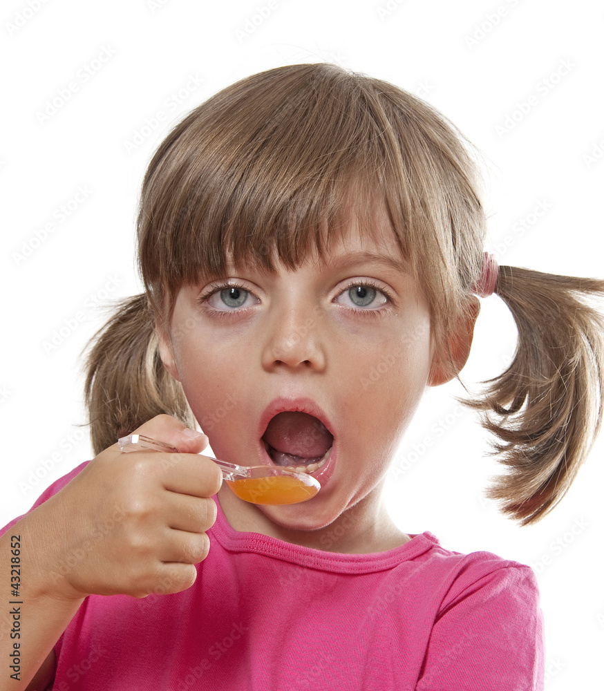 sick little girl taking cough medicine sick little girl taking cough medicine