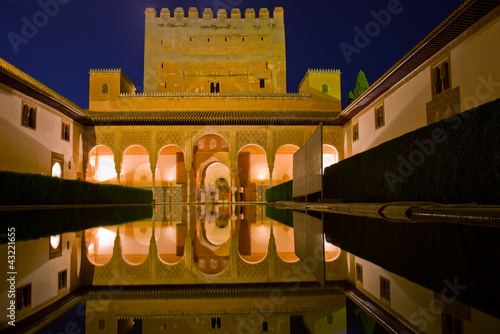 cortyard of Alhambra at night, Granada, Spain