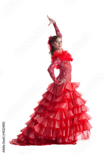 young woman in red flamenco costume isolated