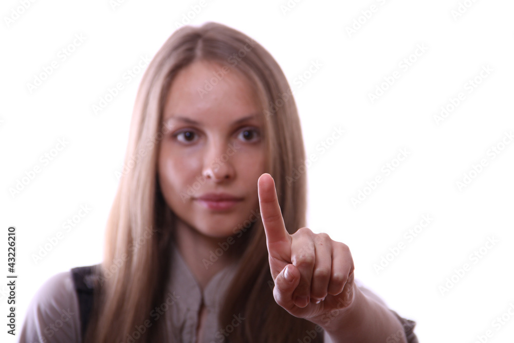 girl touching screen, pressing virtual button girl touching screen, pressing virtual button
