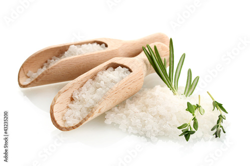 salt with fresh rosemary and thyme isolated on white